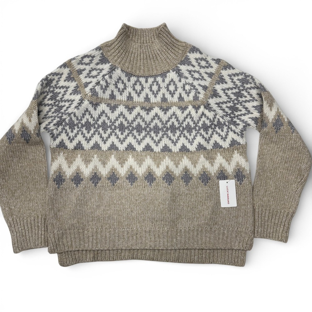 Lucky Brand Womens Fair Isle Mock Neck Sweater Tan Silver Metallic F201100 S NEW